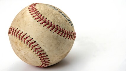Close Up of a Worn Baseball with Red Stitching on White Background sport game