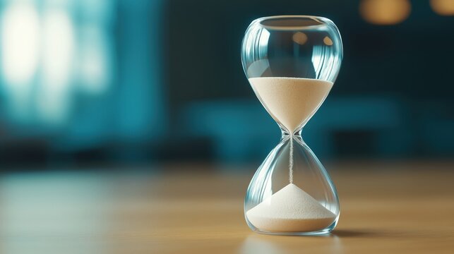 Hourglass marking the passage of time with sand steadily flowing from the upper bulb to the lower one, symbolizing duration, countdown, and deadlines against a blurred background