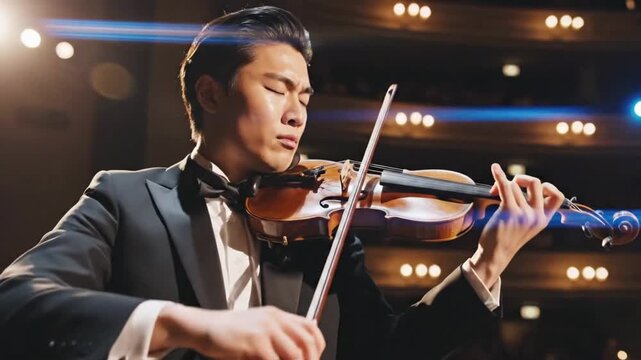 Concert performance by a violinist in a large hall at night with bright lights and focused atmosphere