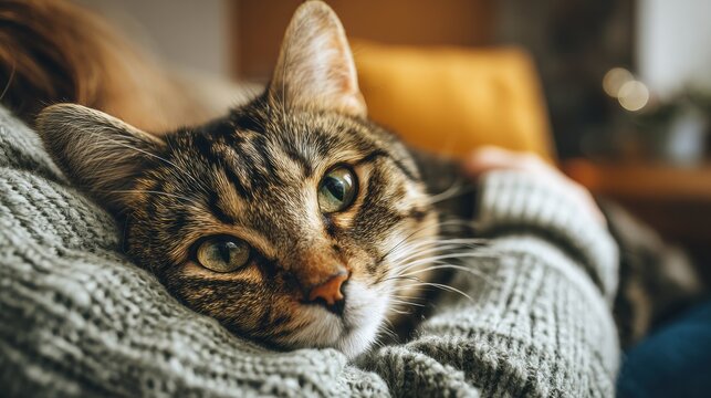 Cat resting comfortably in a person's arms while relaxing on a cozy couch