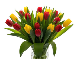 Obraz premium Vibrant tulip bouquet in vase isolated on transparent background