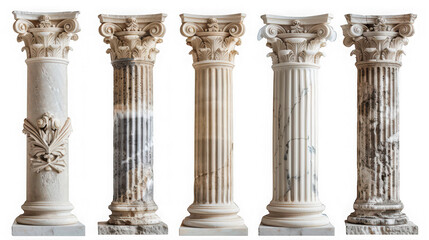 Obraz premium Collection of five diverse classical marble columns in various styles and states of preservation, architectural details isolated on transparent background