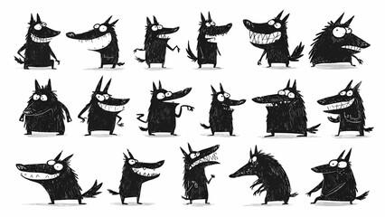 Fototapeta premium Collection of funny cartoon wolf monster characters in various poses and expressions, illustrated in a playful style