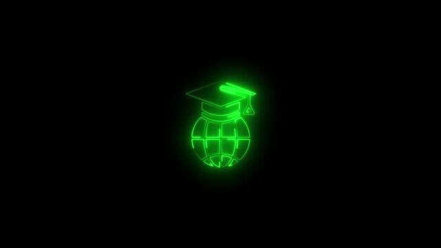 Glowing Green Neon Graduation Cap on Globe Bomb Symbol Education Explosion Concept