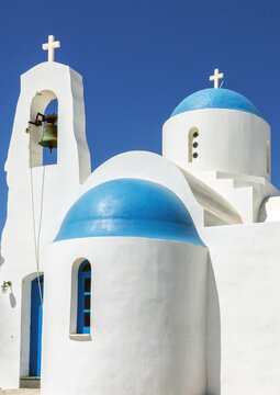Orthodox St Nicholas Church with blue dome in Protaras Cyprus, white Christian chapel architecture