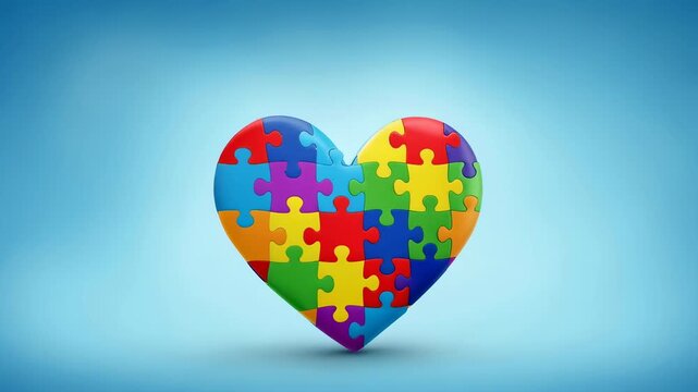 Rotating puzzle heart icon for autism awareness and neurological disorder support, symbolizing connection and understanding for children.