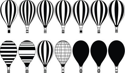 Stylized collection of hot air balloon illustrations with striped, grid, and solid black designs, perfect for travel, adventure, and decoration themes © Moshraful