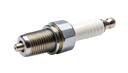Close-up of a spark plug with metal and ceramic parts on a black background