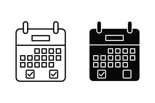Calendar Event Icon Set: Outline and Solid Black with Checkmarks for Scheduling