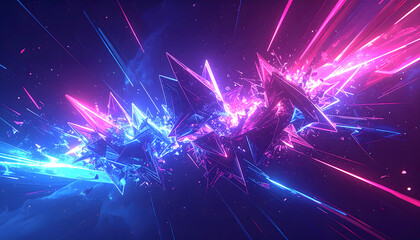 Shards of neon light fracturing and reshaping, illustrating constant change in the digital environment