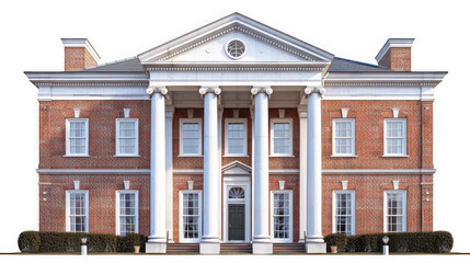 Fototapeta premium Stately Red Brick Colonial Revival Mansion with White Columns and Symmetrical Architecture Isolated on White isolated on transparent background