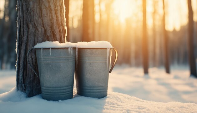 Metal buckets collecting maple sap in a snowy winter forest during golden hour, with icicles hanging from the snow-covered rims, portraying traditional maple syrup harvesting