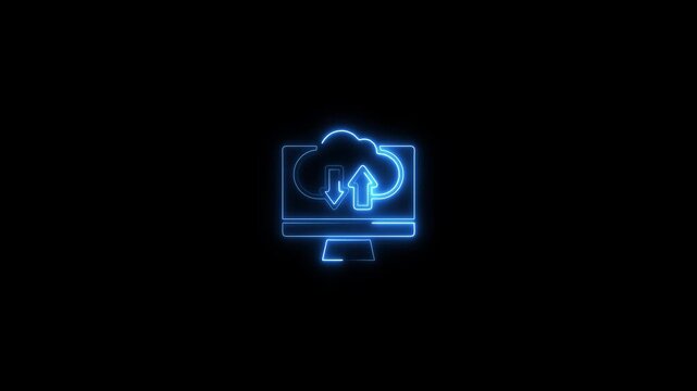 Cloud data transfer neon computer screen with upload and download arrows on black background cloud computing