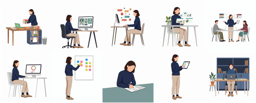 Flat Illustration of Woman in Different Workplace Scenes Working at Desk