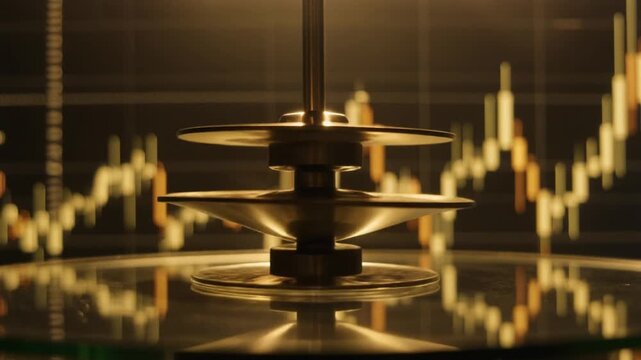 Abstract Financial Data Visualization with Metallic Gyroscopic Sculptures and Glowing Stock Market Candlestick Charts