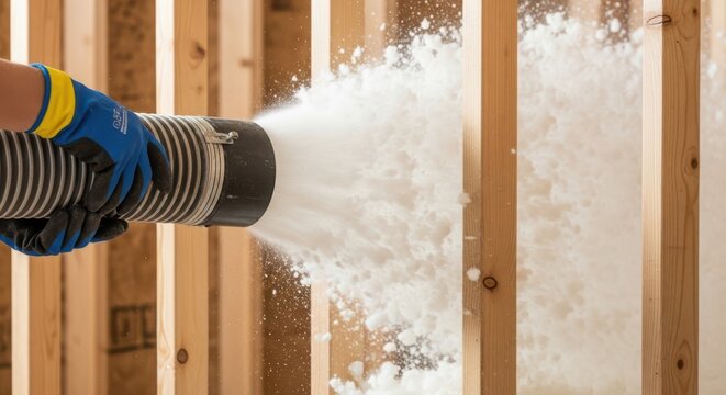 Insulation contractor blowing loosefill cellulose insulation into wall cavity between wooden studs during home construction or renovation