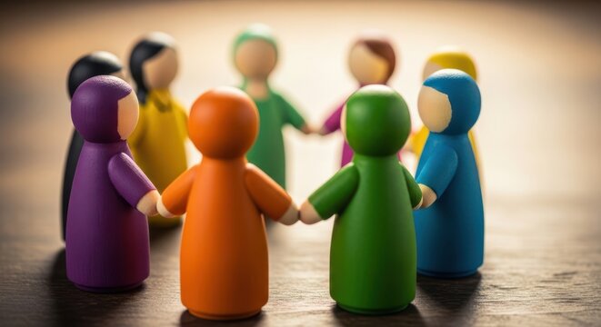 Diverse group of colorful wooden peg dolls standing in a circle holding hands, symbolizing community, unity, teamwork, and inclusion