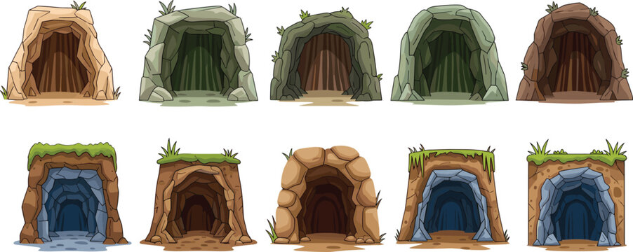 Cartoon cave entrance set illustration, rock tunnel openings collection, underground cavern design, fantasy nature stone shelter environment vector assets