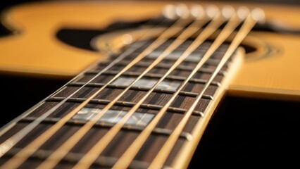 Fototapeta premium Close-up of an acoustic guitar fretboard with its six strings and wooden body, showcasing detailed craftsmanship