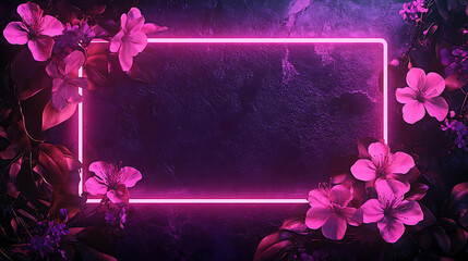 Neon Pink Floral Frame With Dark Textured Background And Decorative Glow.