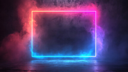 Neon Rectangle Frame With Smoke And Fog Effect Creating Modern Stage Background.