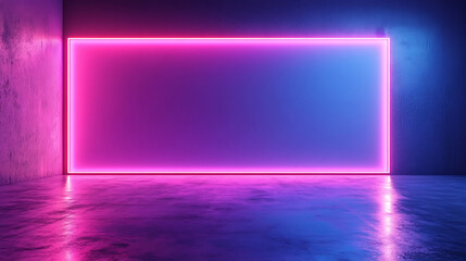Vibrant Neon Rectangle Frame In Dark Futuristic Room With Reflective Floor.