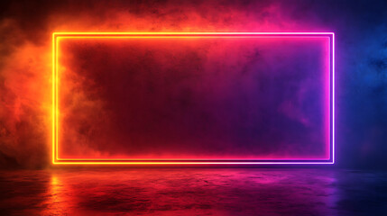 Vibrant Neon Rectangle Frame Glowing In Smoky Atmosphere With Futuristic Design.