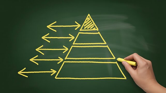 A hand a yellow pyramid diagram with arrows on a dark green chalkboard