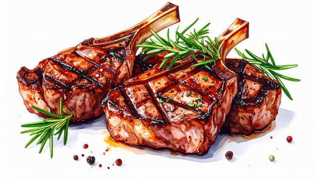 Watercolor painting of grilled veal chops with rosemary sprigs, hand-drawn, isolated on white, meat