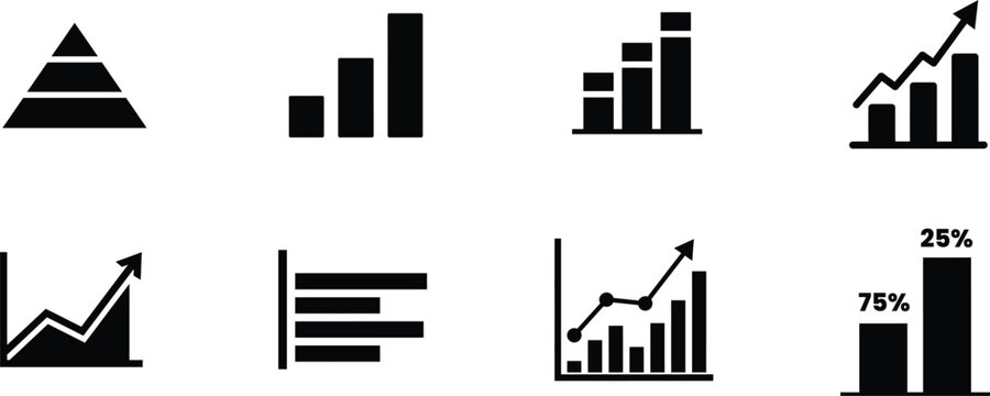 Silhouette of various business graph and chart icons on white background silhouette