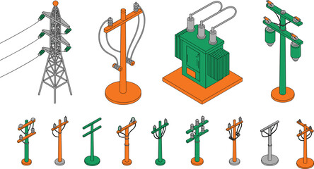 Obraz premium Electric power transmission equipment illustration, utility poles transformer pylons distribution network infrastructure electricity engineering industrial energy vector icon collection
