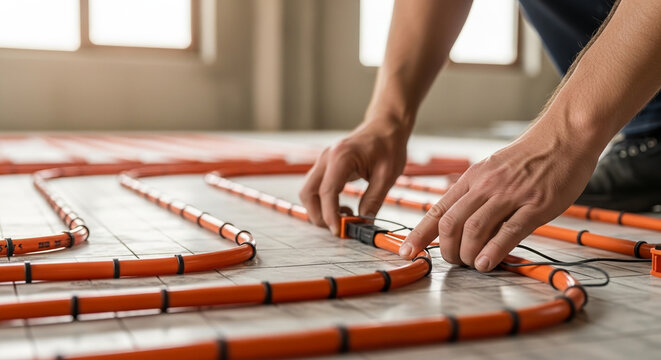 Close-up of installer&rsquo;s hands laying flexible heating cables on prepared floor, concept of underfloor heating installation  