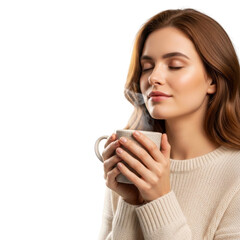 Woman enjoys warm drink with eyes closed