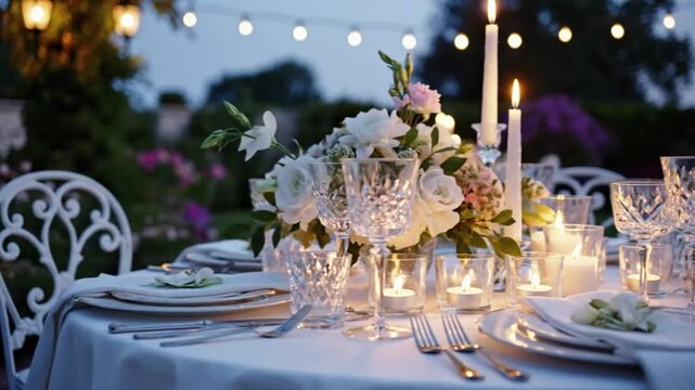 Elegant outdoor dining table setting with white tablecloth, flowers, candles, and decorative glassware under twilight sky