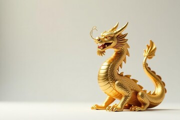 Fototapeta premium Majestic golden dragon statue, pristine white backdrop, artwork, oriental