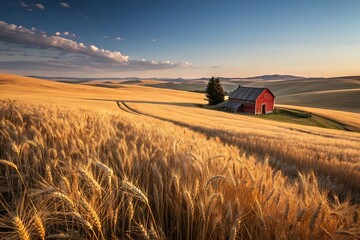 Fototapeta premium Golden Wheat Field with Red Barn and Two Evergreen Trees at Sunrise agriculture farm