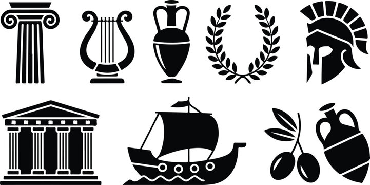 Ancient Greek symbols including column, lyre, amphora, laurel wreath, helmet, temple, ship