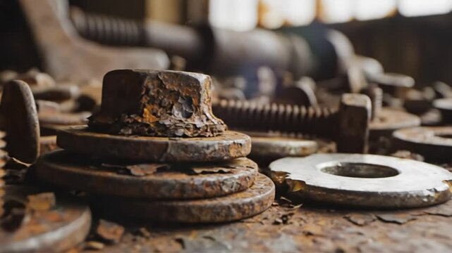 Close-up view of weathered and rusted bolts, screws, washers, and industrial hardware scattered on a work surface