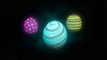 Glowing easter eggs in neon colors against a dark background illuminated decorative eggs