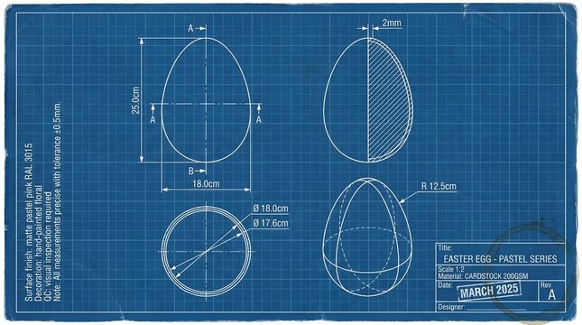 Blueprint technical drawing of egg shapes with measurements on grid paper
