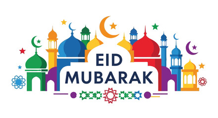 Eid mubarak greeting with colorful islamic architecture and crescent moons © SHYFUL_STUDIO