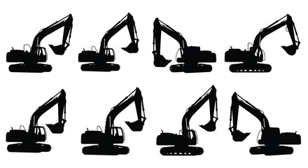 Silhouettes of excavators in various operational poses against white background © Helal