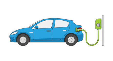 Blue electric car charging at a wall mounted power station