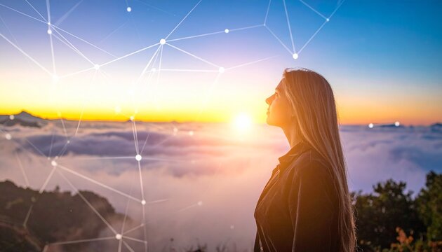 Serene woman with glowing light looking towards the horizon with connecting dots for wellness and inspiration.