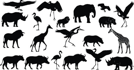 African Safari Wildlife Silhouette Vector Set with Elephant Giraffe Rhino Lion Hippo and Crane Bird Illustrations for Nature and Zoo Design, © Robiul