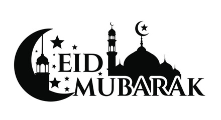 Eid mubarak greeting with crescent moon stars and mosque silhouette illustration © SHYFUL_STUDIO