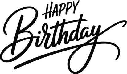 Elegant black happy birthday script calligraphy with dynamic brush strokes on white background