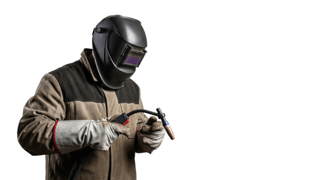 Professional Industrial Welder in Helmet Holding Torch on Black Background Studio Shot