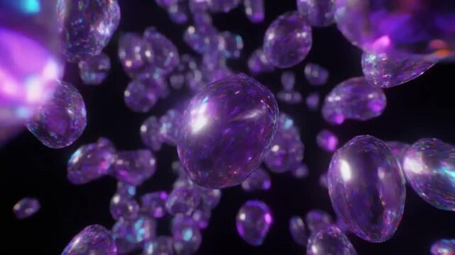 Vibrant array of glowing purple liquid bubbles and abstract particles floating in a deep dark space, creating a mesmerizing scientific or cosmic display