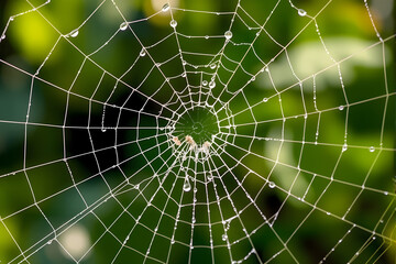 Fototapeta premium Intricate Spider Web with Morning Dew Natural Composition